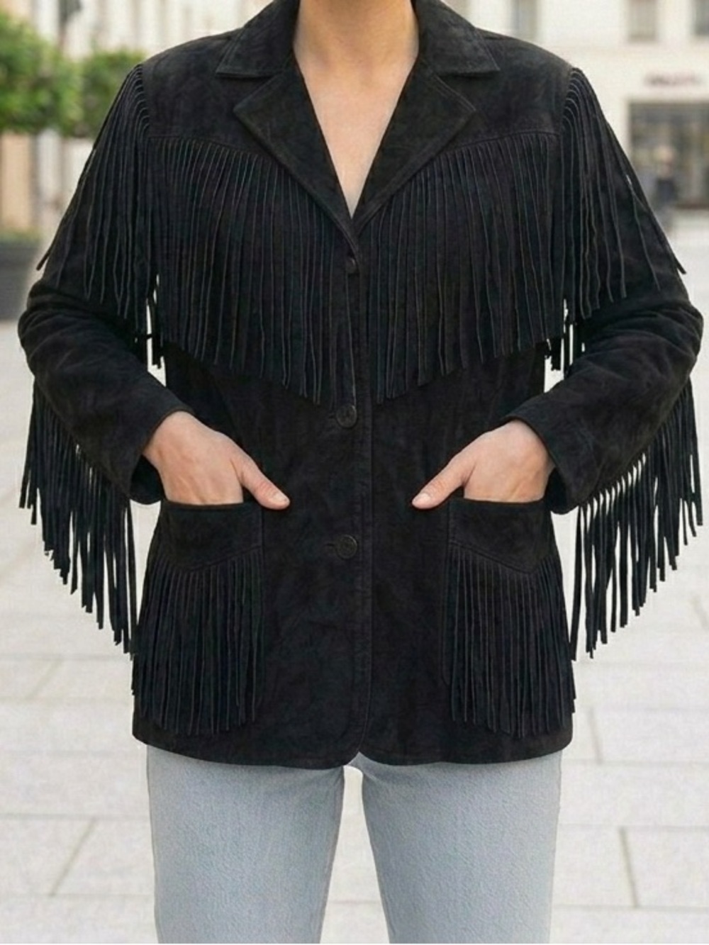 VTG Northern Sun Black Suede Leather Fringe Jacket Western Boho Cowgirl Festival